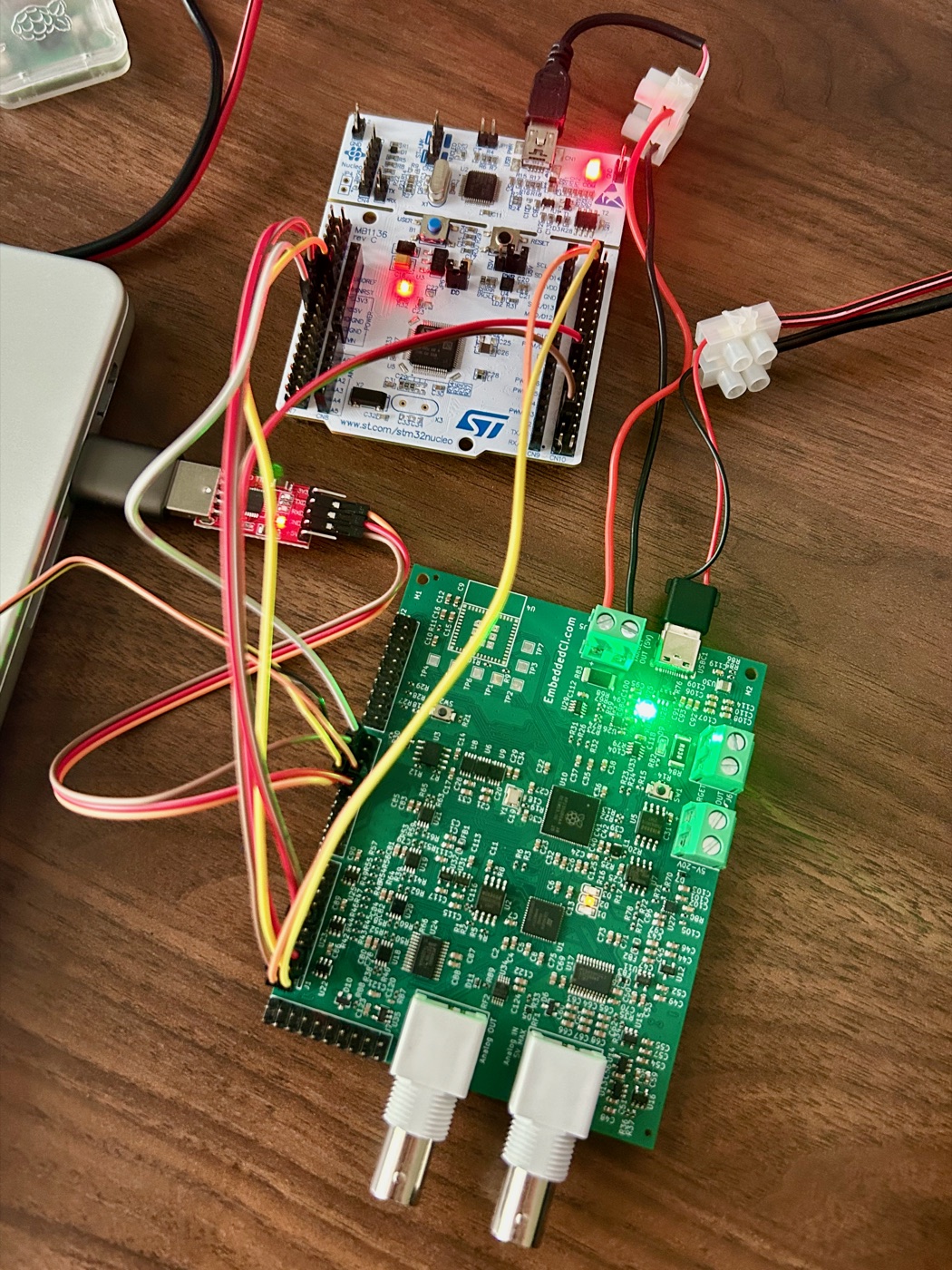 A BenchPod wired to a development board as the device-under-test