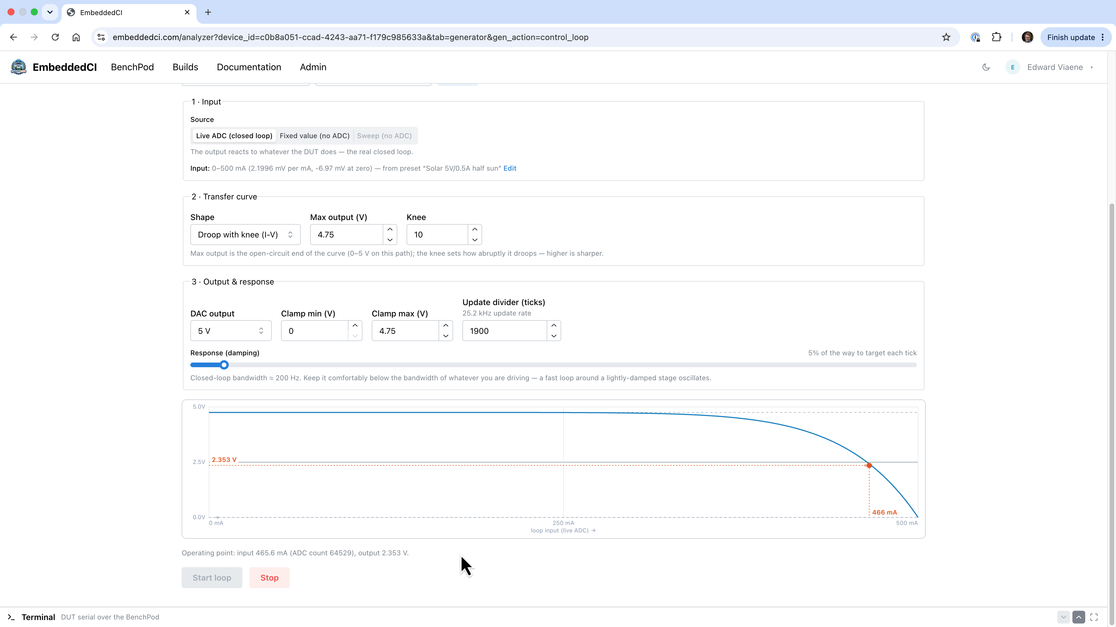 The same load under half sun: Isc halved to 500 mA, the operating point pushed over the knee to 466 mA at 2.353 V