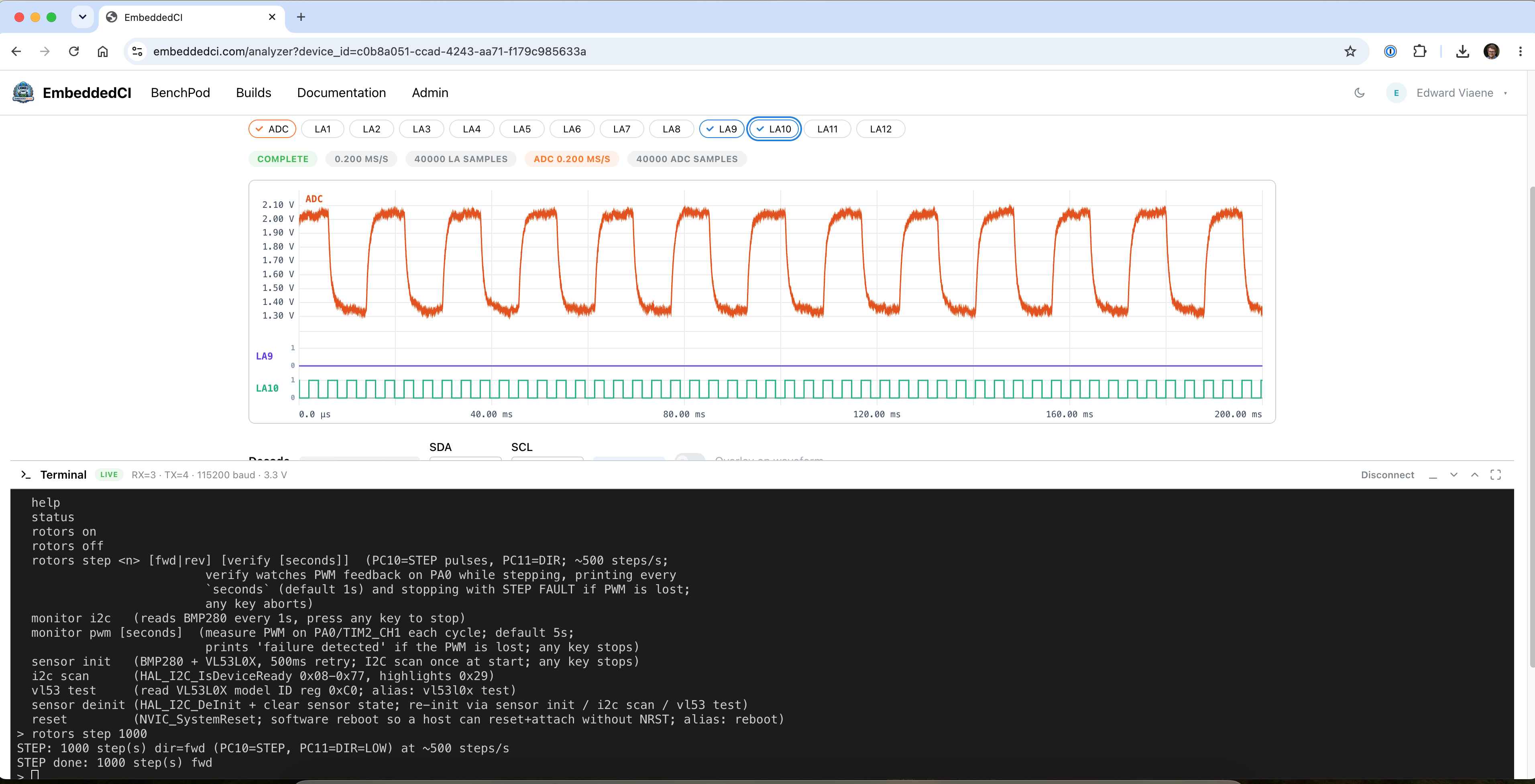 A single correlated capture: coil current on the ADC lane (orange) stepping in lock-step with the STEP pulses on the logic-analyzer lane (green), both sampled off the same FPGA clock